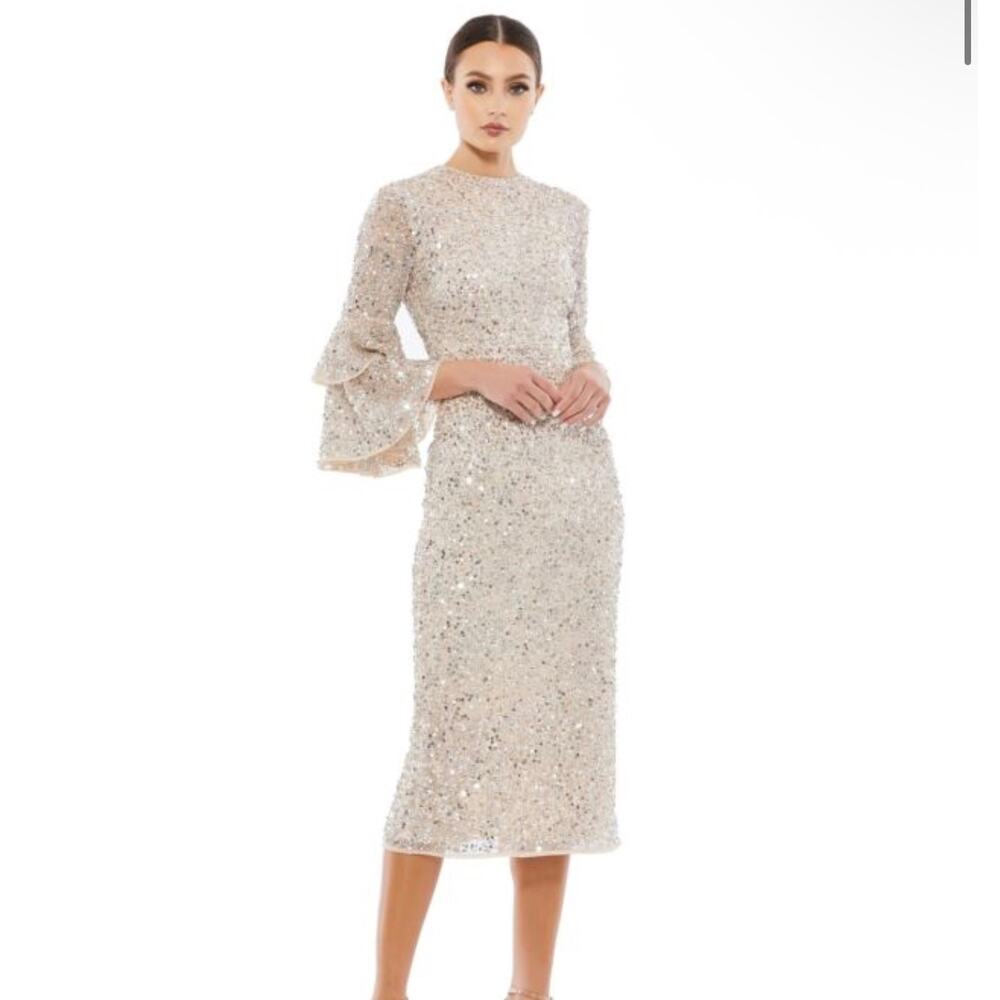 $458 Mac Duggal 10802 Bell Sleeve Sequin Dress sz 2 nude silver